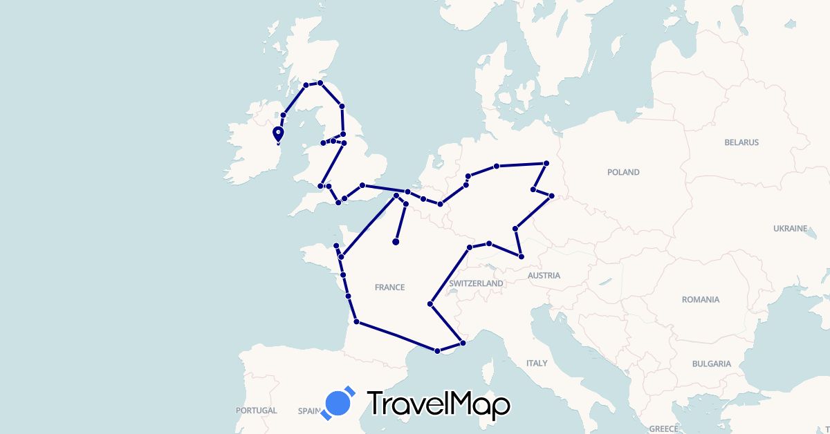 TravelMap itinerary: driving in Belgium, Germany, France, United Kingdom, Ireland (Europe)